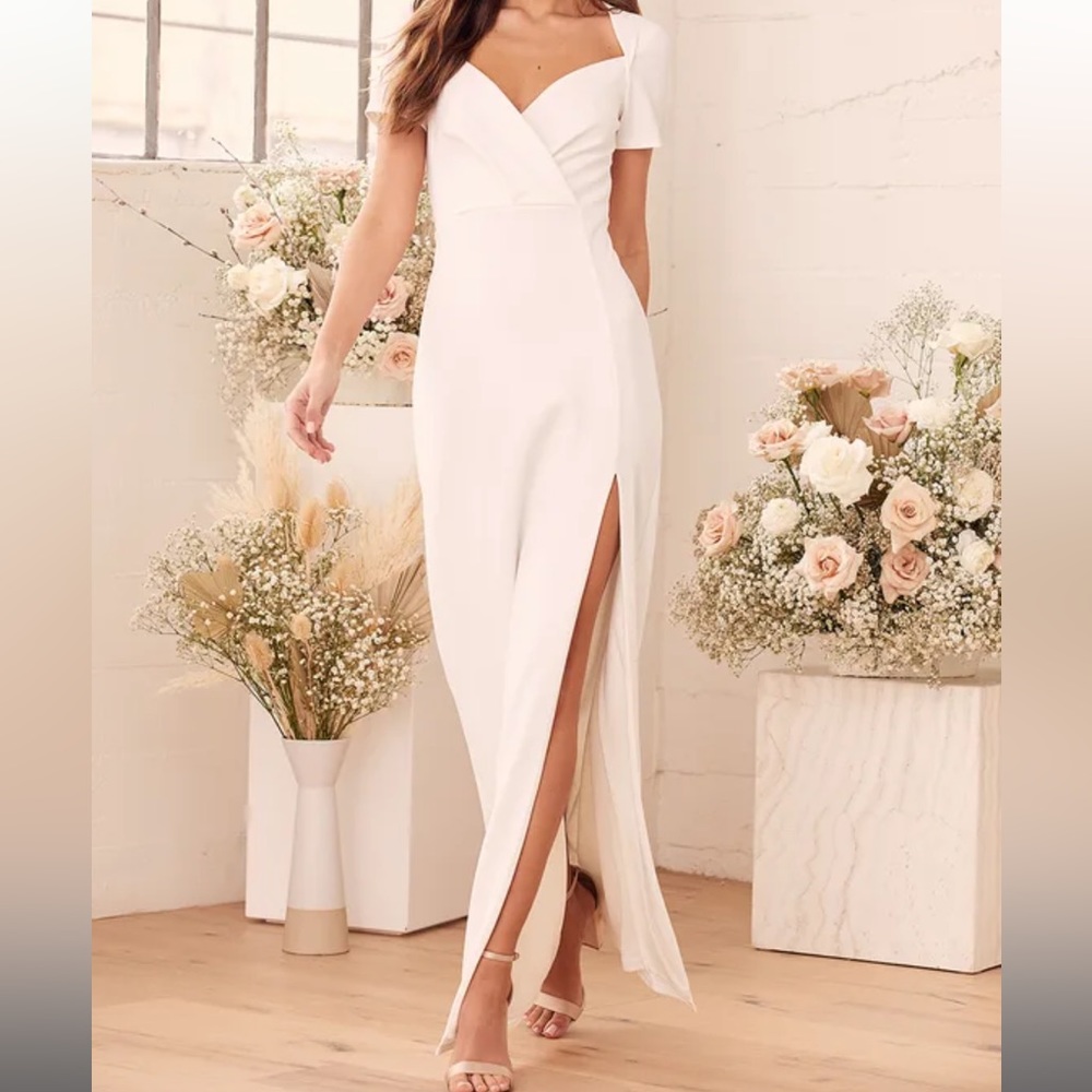 Eternal Elegance White Surplice Short Sleeve Maxi Dress